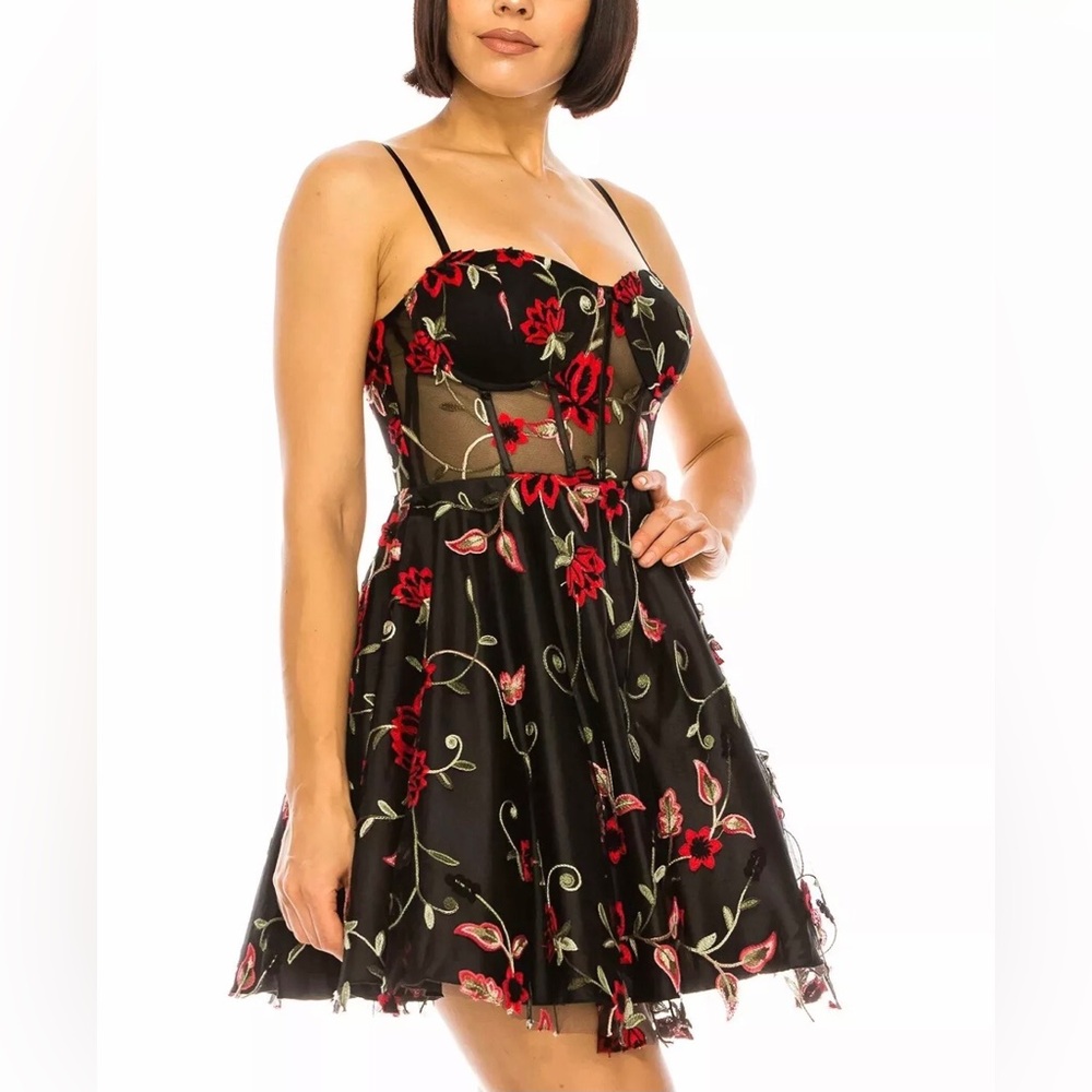 B Darlin Floral Mesh Embroidered Corset Fit & Flare Dress Size 13/14 Whimsigoth